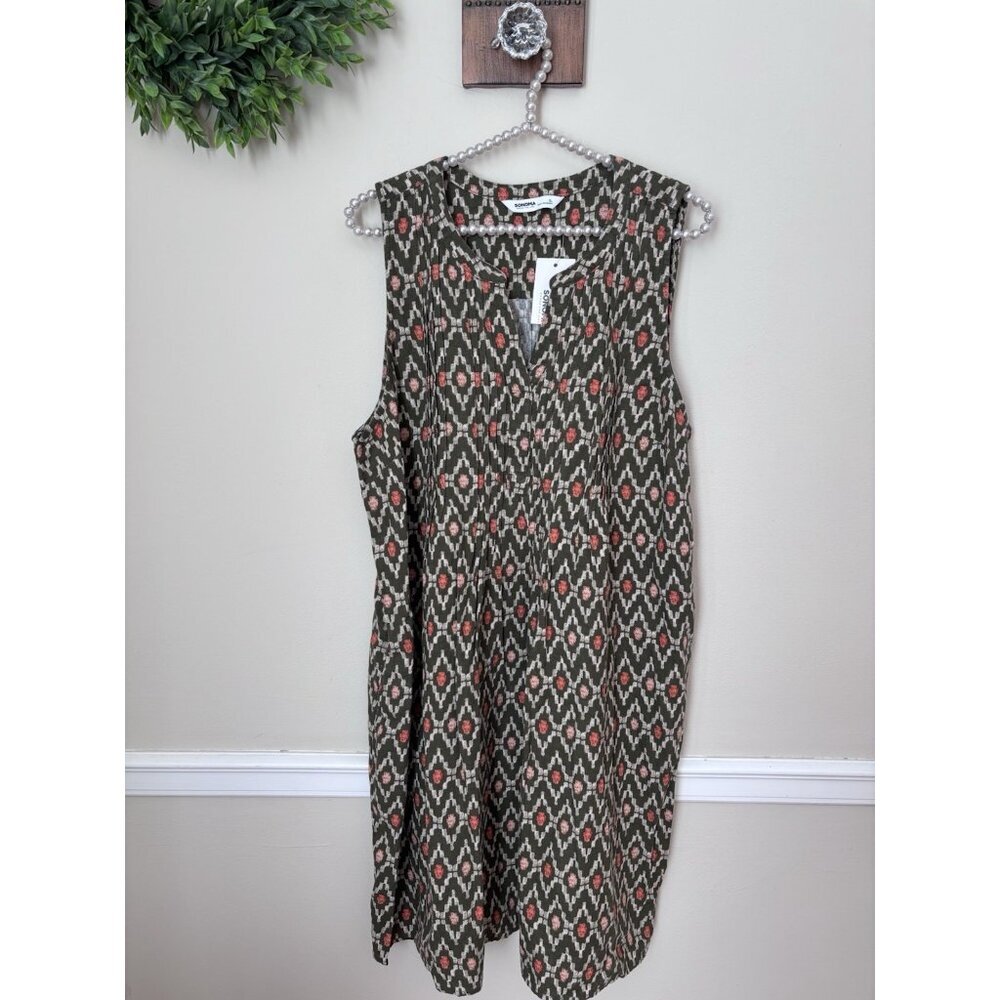 NWT Sonoma Womens Size XL Green Linen Blend Shift Dress Pockets Sleeveless